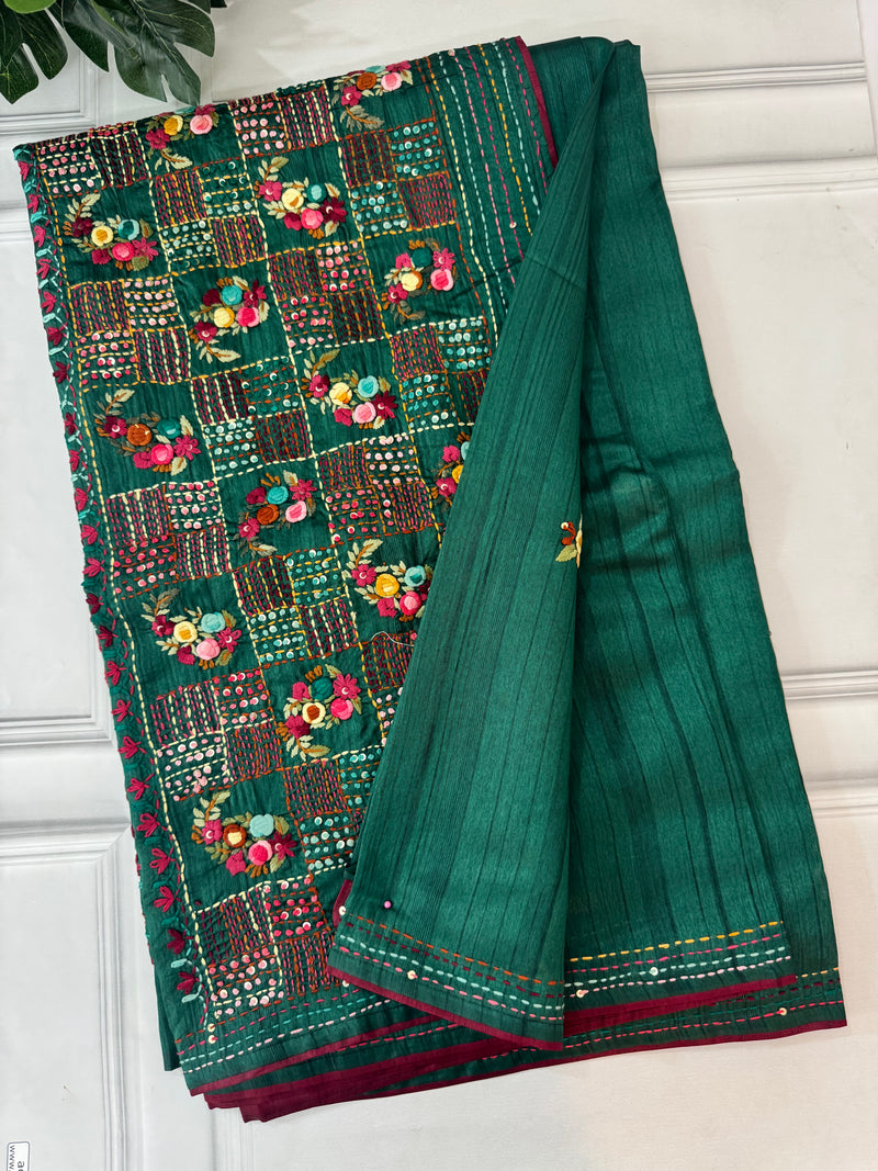 Handworked soft satin tussar saree FBLK136