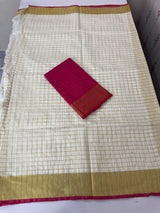 Linen cotton saree with gold zari checks MLS9766- Offwhite and RaniPink