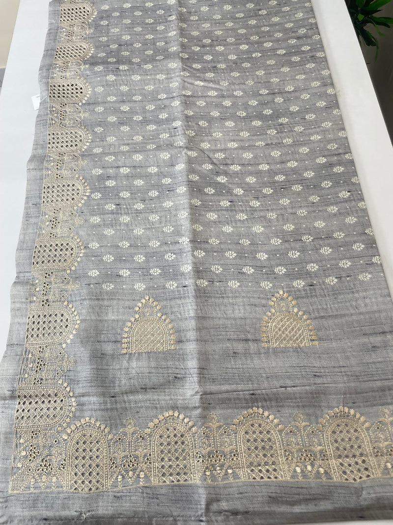 Cutwork blended tussar saree SNFNICY Pastel BluishGrey