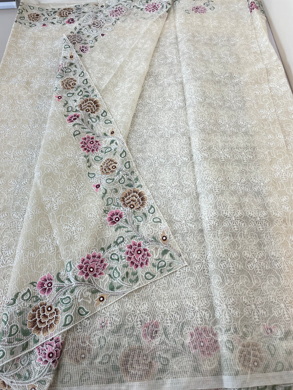 Phulkari NetKota Embroidery saree - OffWhite