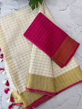 Linen cotton saree with gold zari checks MLS9766- Offwhite and RaniPink