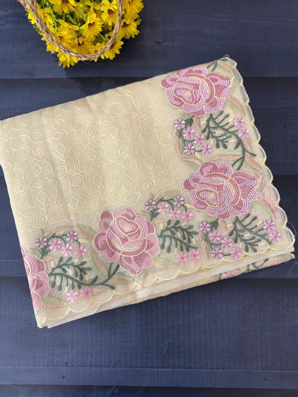 Phulkari NetKota embroidery saree - MSH107 Offwhite to PinkLavender