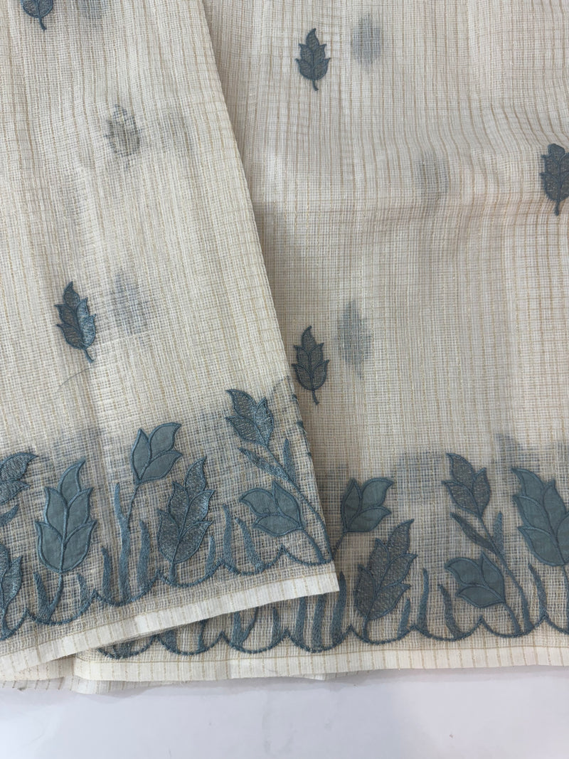Tissue silk saree with zari checks and applique work  MSH105- Offwhite to Grey