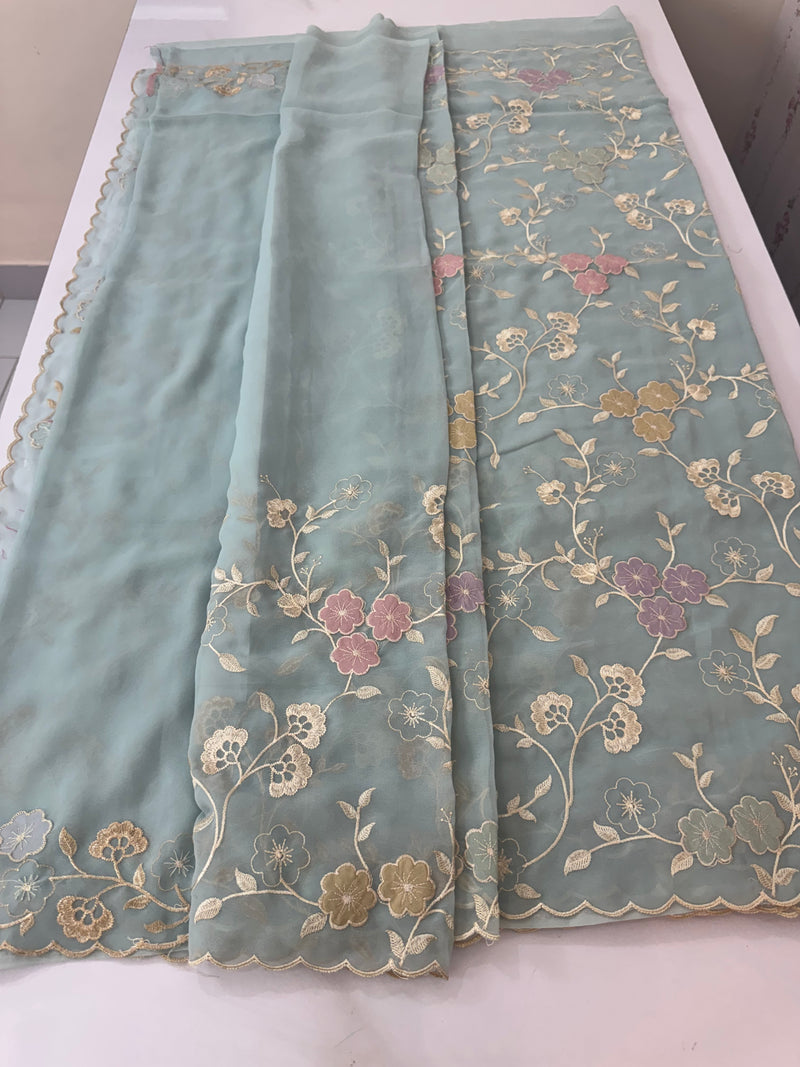 Pure Georgette saree with embriodery and applique work MS15567 LightBlue