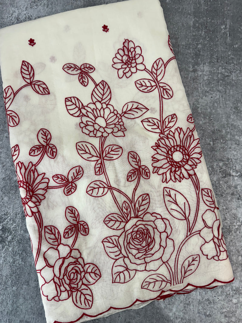 Mul chanderi embriodery saree  MSH135 - Offwhite & Red (Design 3)