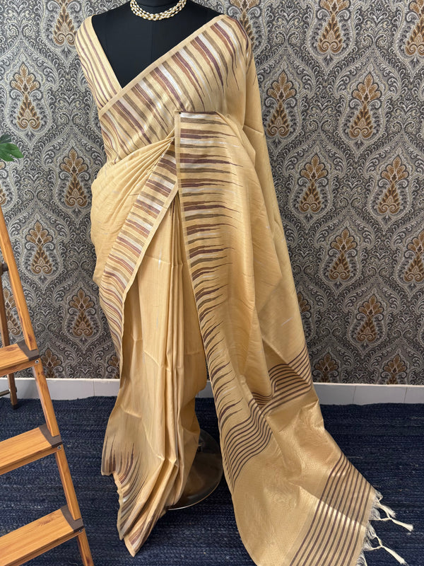 Raw silk saree with temple border MRS124- Chikoo