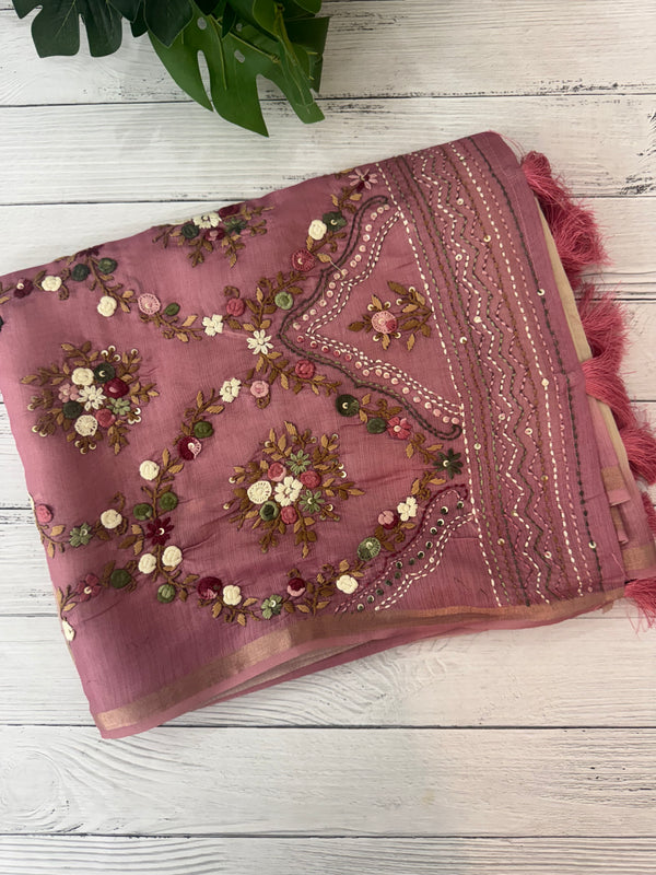 Kosa Tussar silk saree with hand embriodery - MS8199 BlushPink