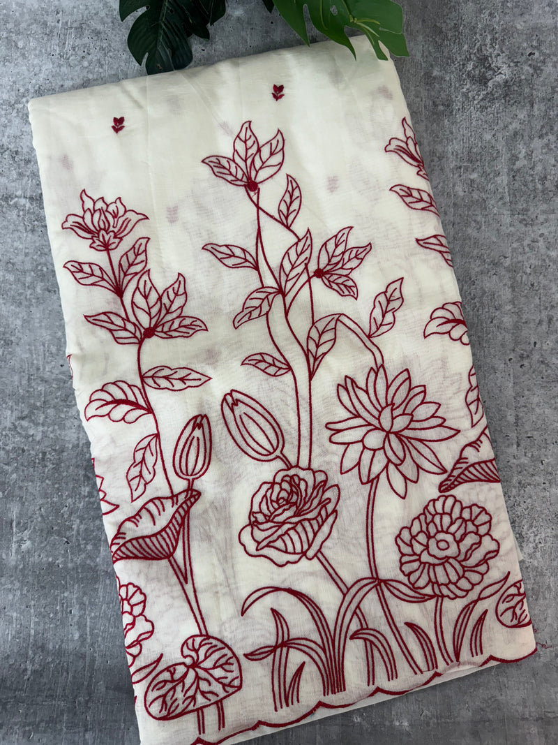 Mul chanderi embriodery saree  MSH135 - Offwhite & Red