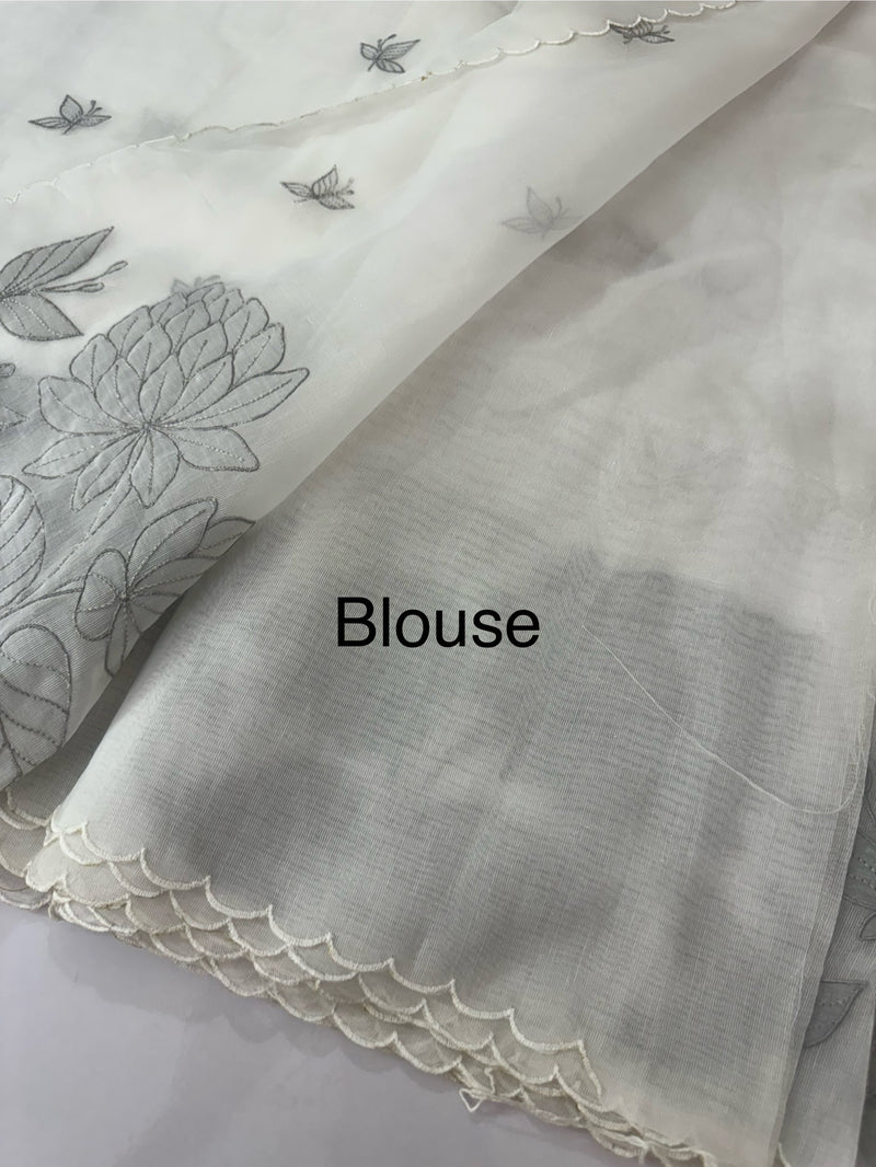 Tissue mix soft silk saree with applique work MTSS5432 White to Grey