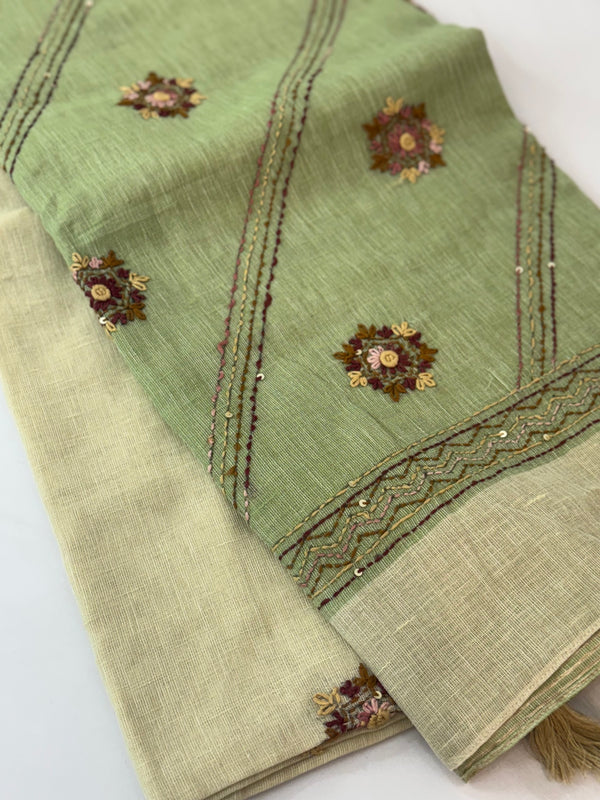 Linen saree with French knots and kanta embriodery MS94311