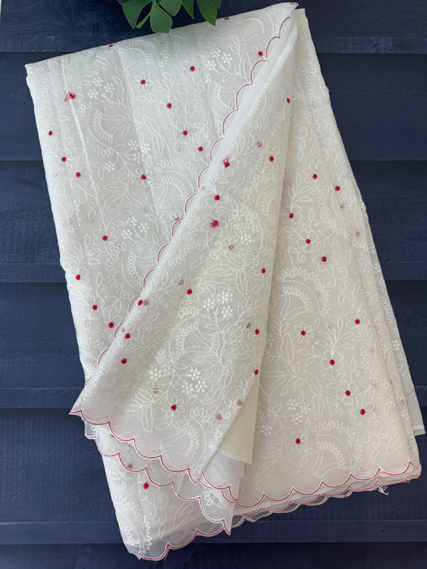 Soft organza saree with embroidery  MOS79  White & Red