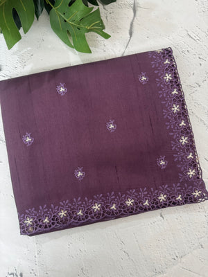 Blended tussar saree with cutwork border- MSHK268 DarkMauve