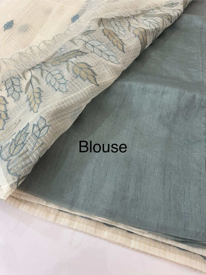 Tissue silk saree with zari checks and applique work  MSH105- Offwhite to Grey