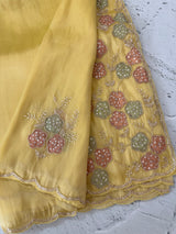 Handworked Premium Glass tissue flowy organza saree applique work MCH221 - Yellow