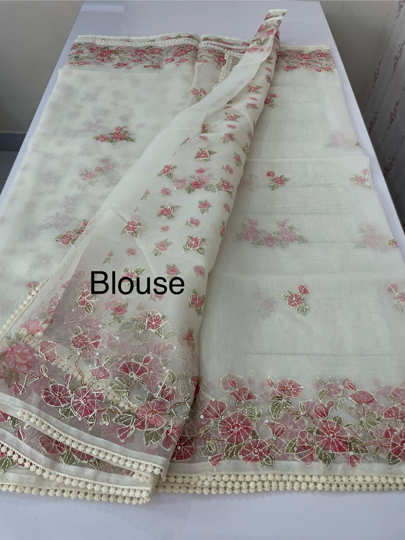 Organza saree with prints & hand embriodery work MS15333