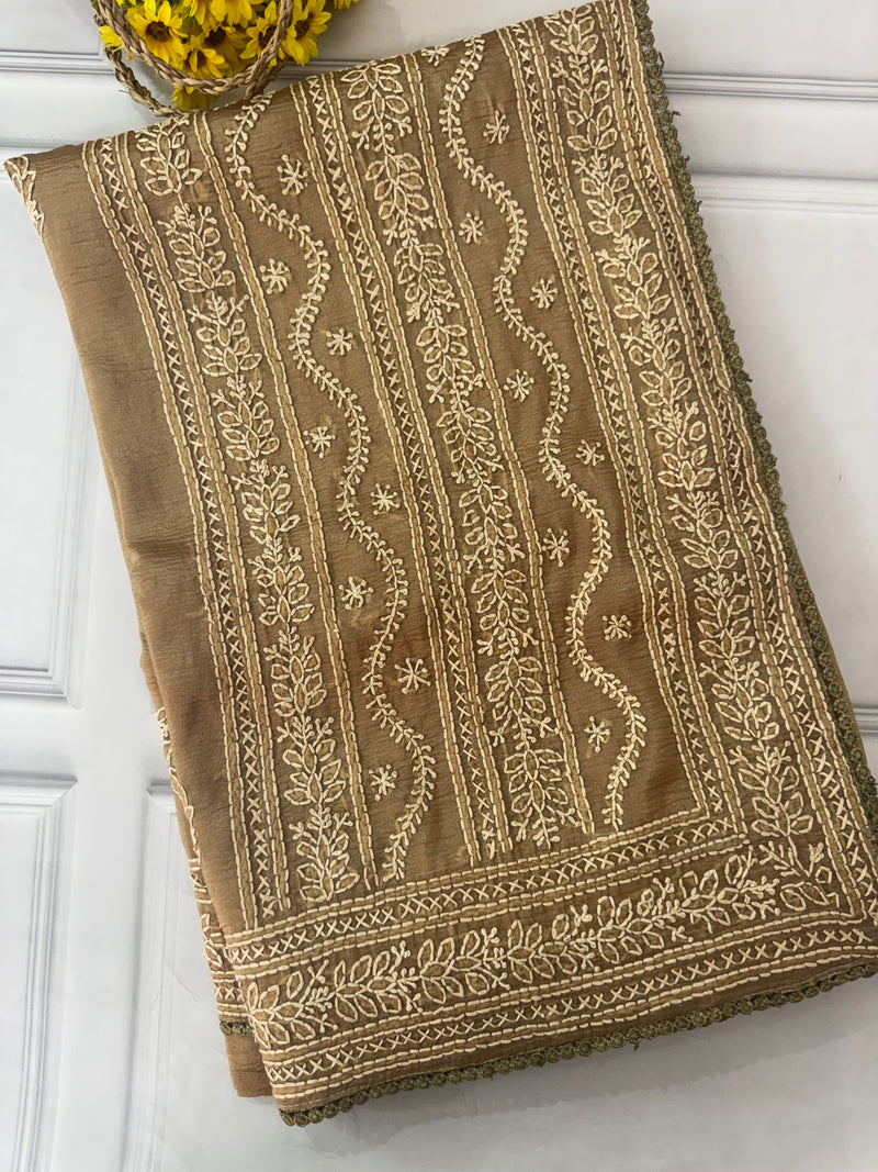 Crush organza saree with chikankari embriodery MS76551/1 Dusky khakhi Green