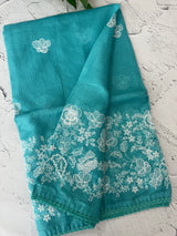Soft kota checks saree with embroidery - MS7676 SeaBlue