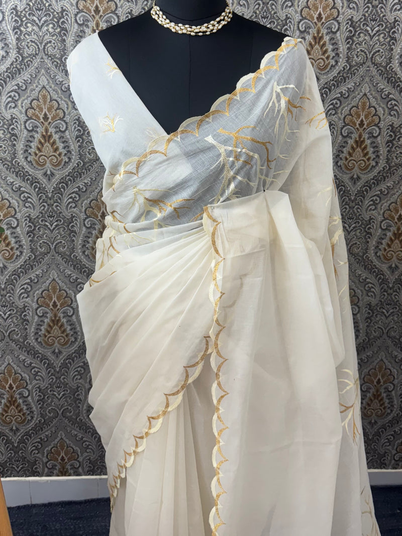 Mul chanderi embriodery saree with scalloped borders MCBS654