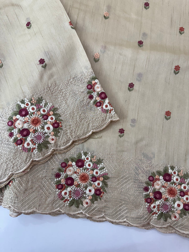 Blended tussar silk saree with embriodery - MSS564 - Beige