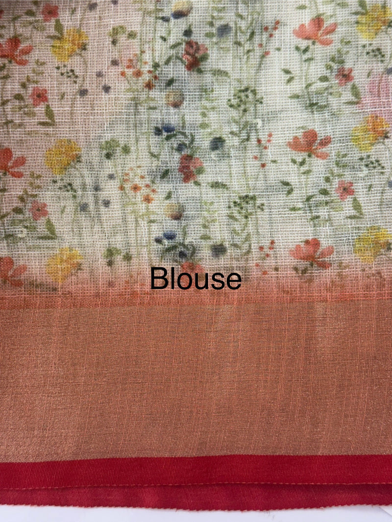 Handworked floral digital printed semi Linen Saree MLS611