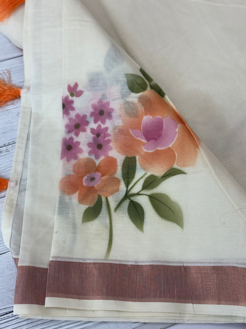 Kerala cotton saree with floral prints
