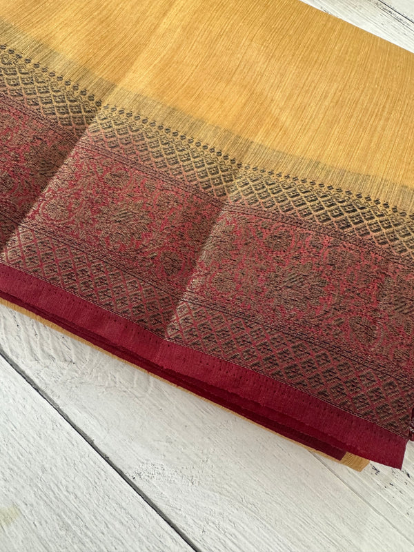 Jute silk sarees with contrast pallu & blouse MJL396 - DarkBeige to MaroonRed