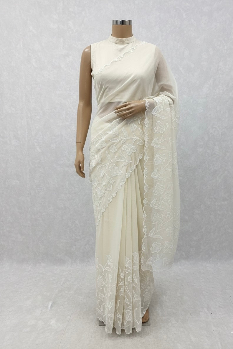 Mul chanderi applique work saree  MSH115 - Offwhite