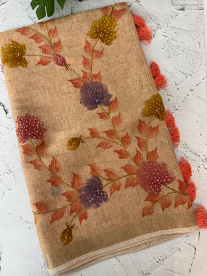Tissue linen saree with handwork MLS5499