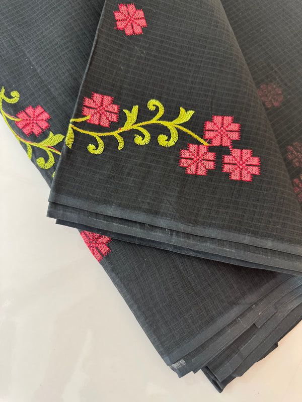 Pure Kota cotton saree with cross stitch embroidery MKAS337 Black