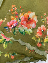 Digital printed semi Linen Saree MLS711- OliveGreen