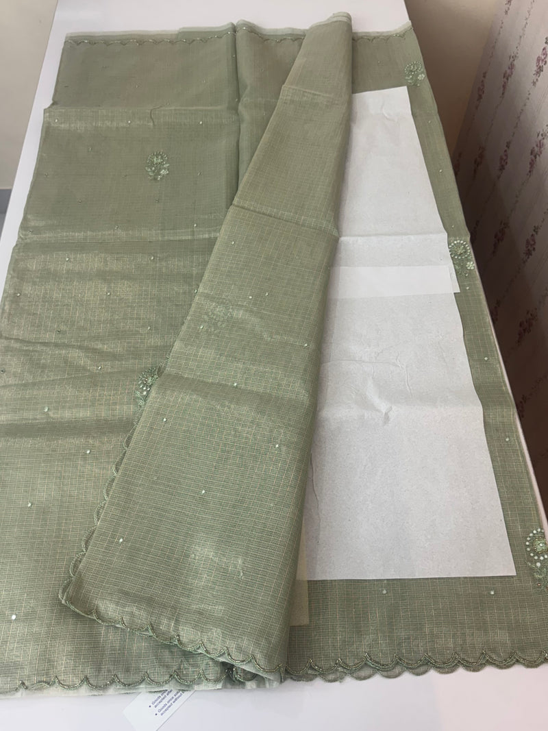 Tissue silk saree with foil work and cutdana scalloped border 
MTSS432 - DuskyGreen