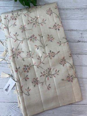 Blended tussar saree with cross stitch embriodery - MS8665 Cream