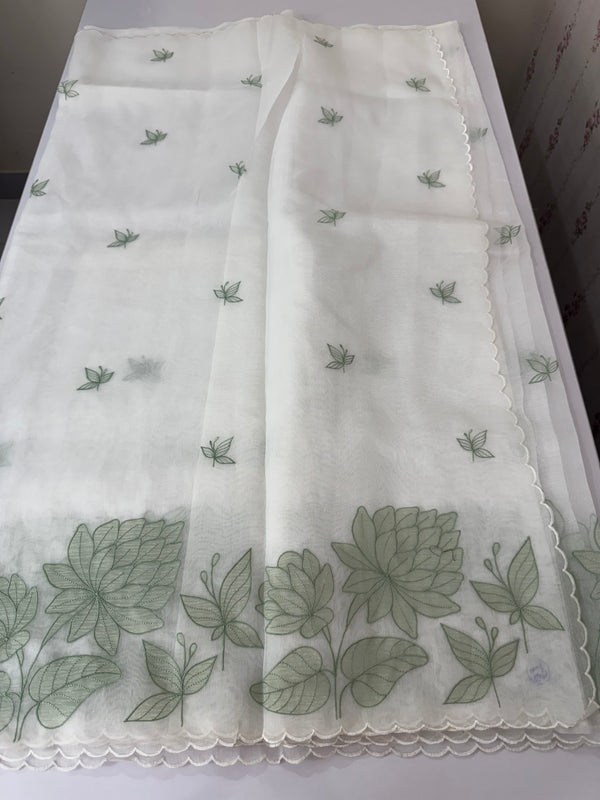 Tissue mix soft silk saree with applique work MTSS5432 White to DuskyGreen