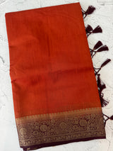 Semi Jute silk sarees with contrast pallu & blouse MJL391 - RustOrange to Coffee