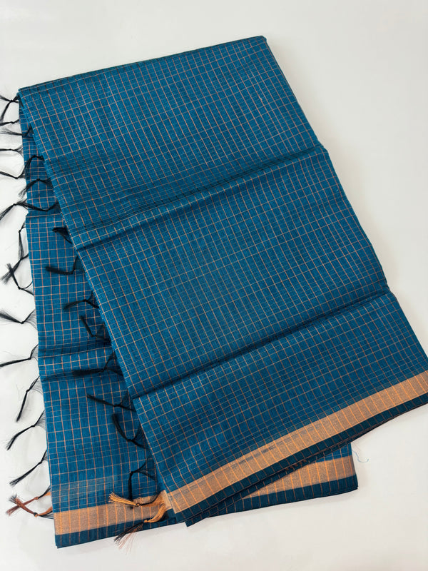 Mangalagiri Silk Cotton Saree with zari checks MS90321 PeacockBlue