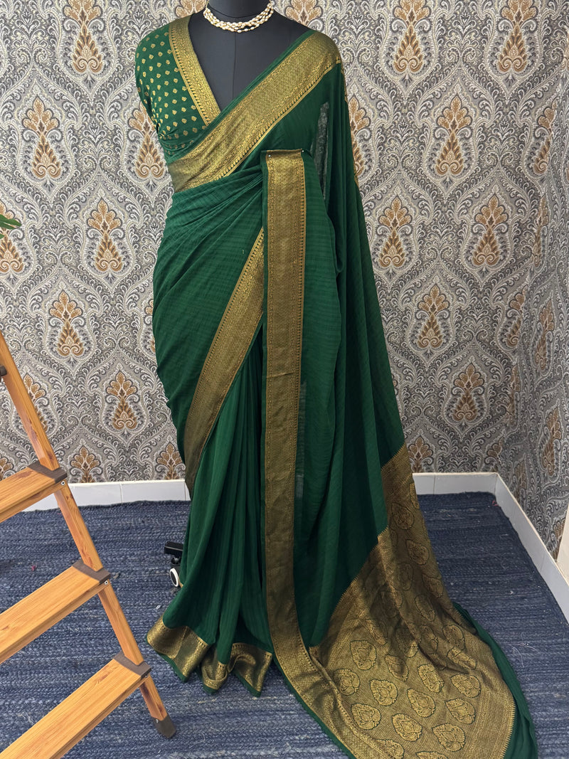Crepe Banarasi viscose Georgette saree with brocade blouse MS953211- TealBlue