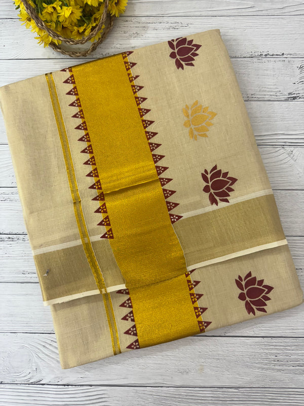 Kerala Lotus printed tissue saree- Maroon