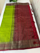 Jute silk sarees with contrast pallu & blouse MJL396 - ParrotGreen to MaroonRed