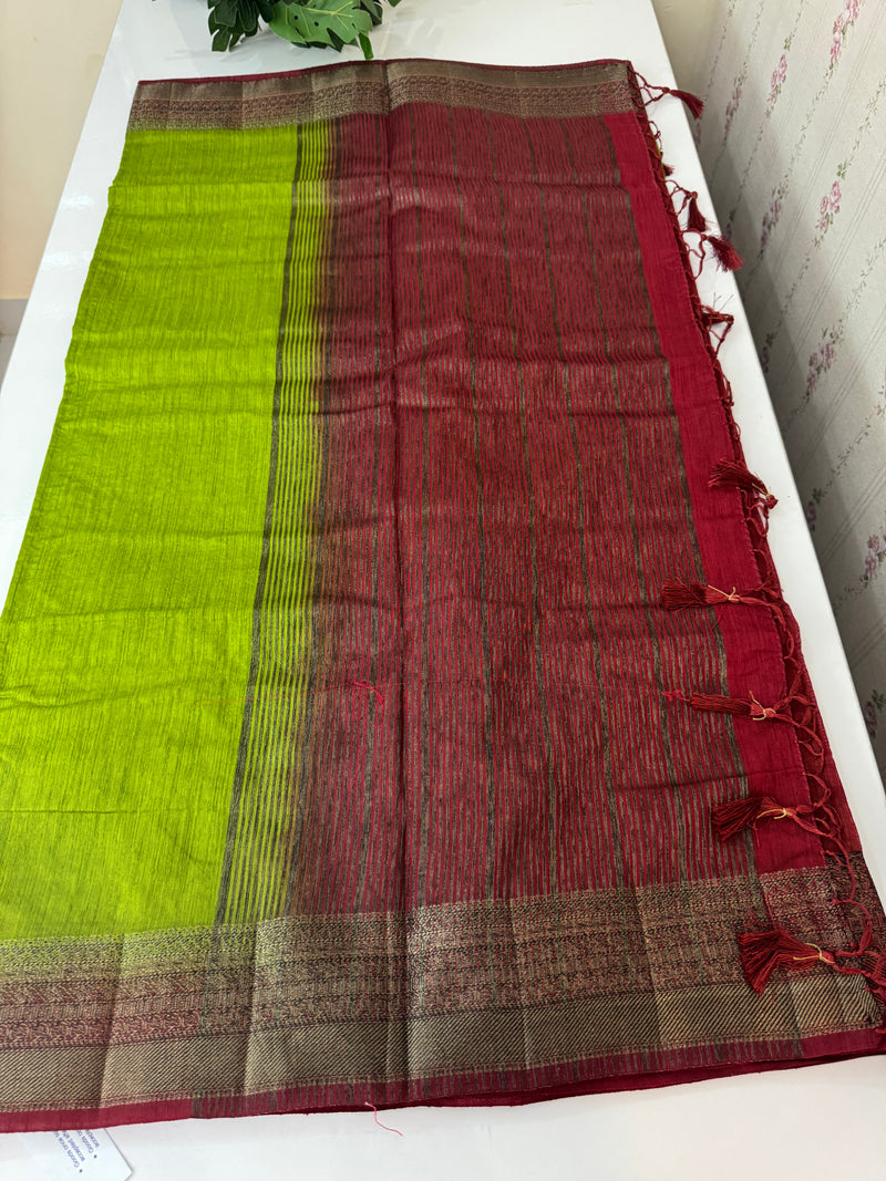 Jute silk sarees with contrast pallu & blouse MJL396 - ParrotGreen to MaroonRed