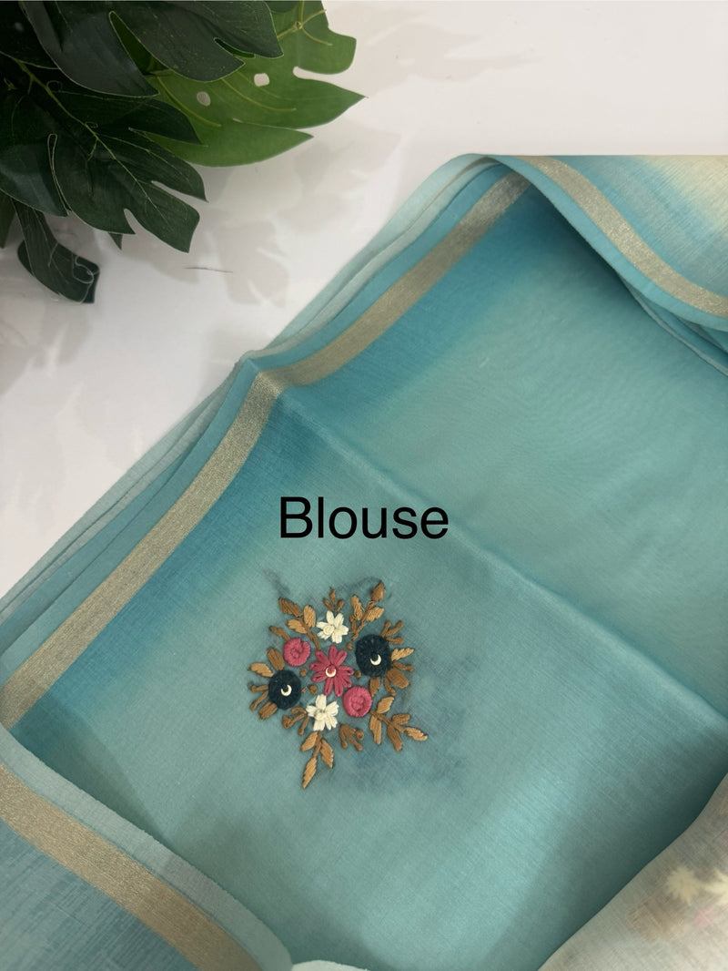 Kosa Tussar silk saree with hand embriodery - MS8199 Blue