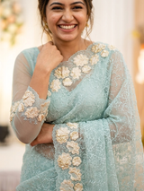 Soft Organza saree with thread work and tissue applique borders - MCW605 LightBlue