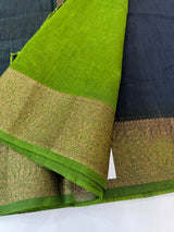 Jute silk sarees with contrast pallu & blouse MJL396- Black to Green