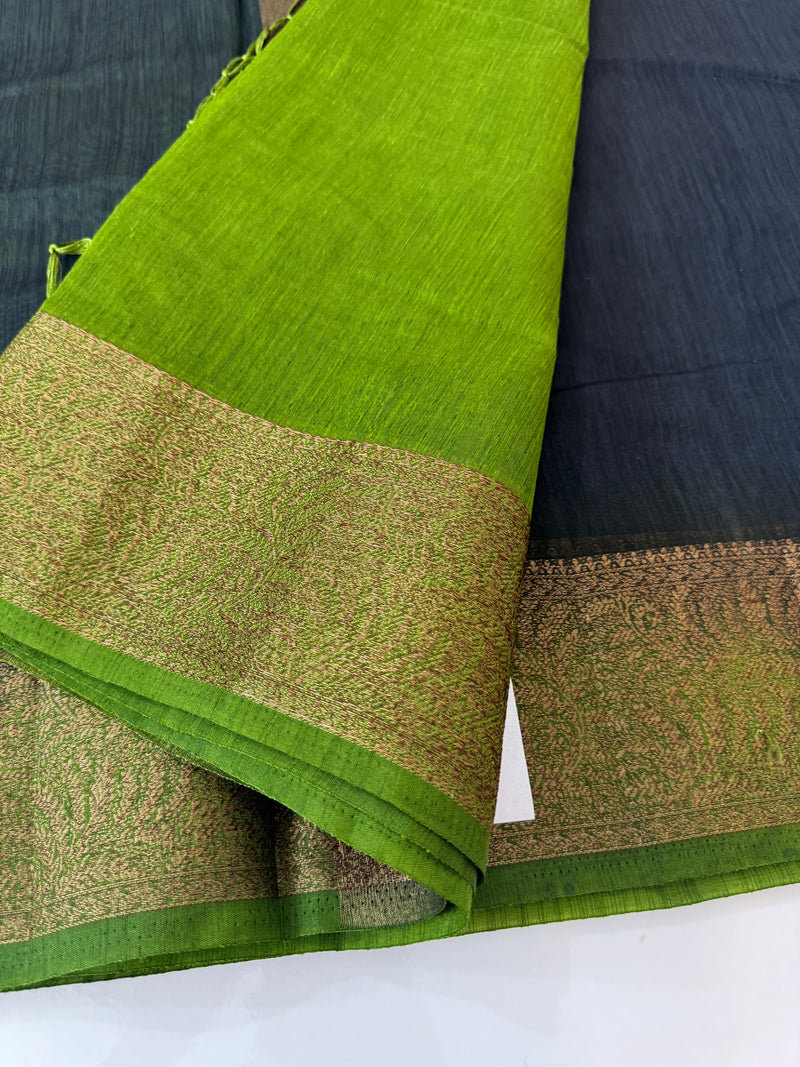 Jute silk sarees with contrast pallu & blouse MJL396- Black to Green