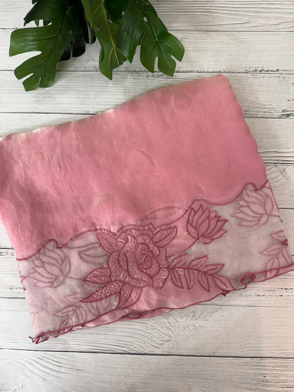 Fancy satin silk organza saree with applique borders
 MS14207 Pink