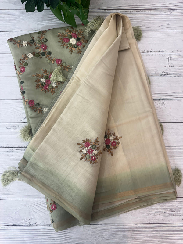 Kosa Tussar silk saree with hand embriodery - MS8199 DuskyGreen