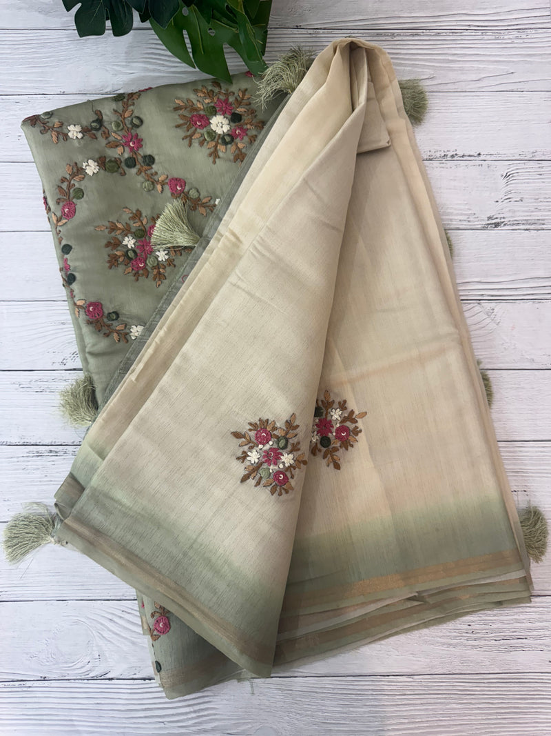 Kosa Tussar silk saree with hand embriodery - MS8199 DuskyGreen