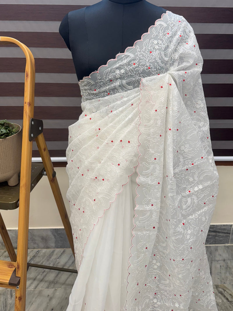 Soft organza saree with embroidery  MOS79  White & Red