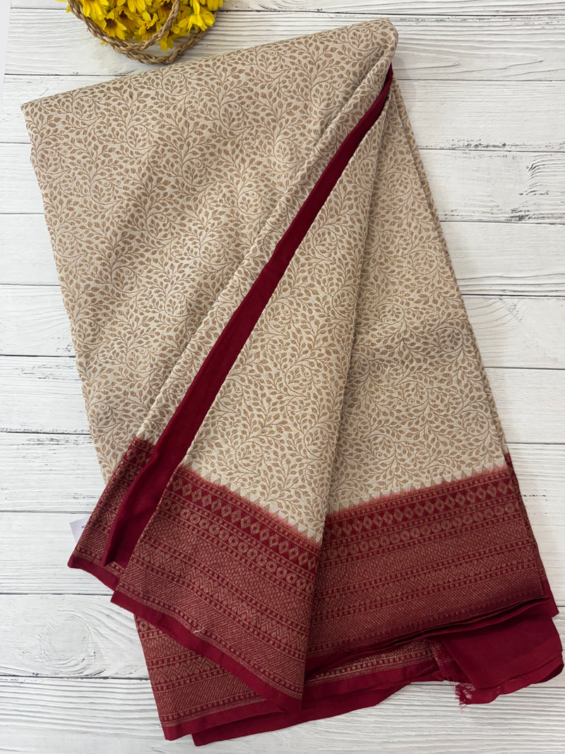 Semi katan Banarasi saree with antique zari weaving MSKZ250 Offwhite & MaroonRed