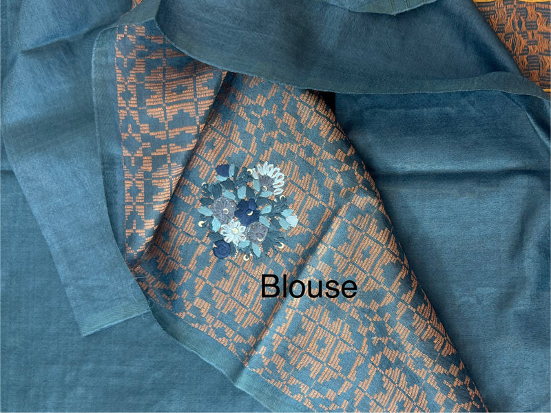 Semi tussar saree with Handwork MS44500 - Dusky TealBlue