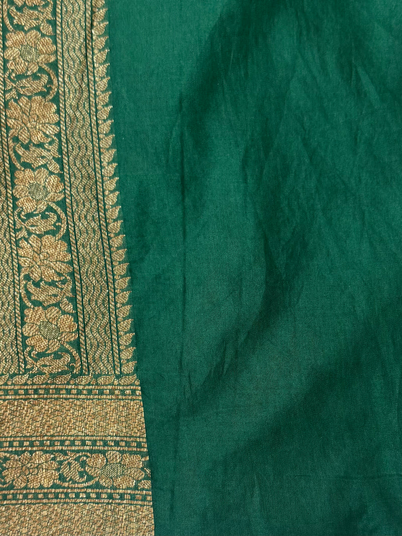 Semi katan Banarasi saree in antique zari weaving - MSKB899 BottleGreen
